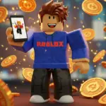 Avatar de Roblox rodeado de Robux, reflejando el tema de la duplicación y la seguridad en la plataforma.