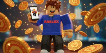 Avatar de Roblox rodeado de Robux, reflejando el tema de la duplicación y la seguridad en la plataforma.