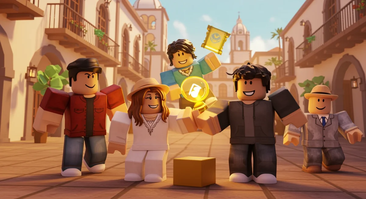 Avatares de Roblox colaborando en un emocionante desafío dentro de un juego, destacando la estrategia y el trabajo en equipo para obtener Robux.