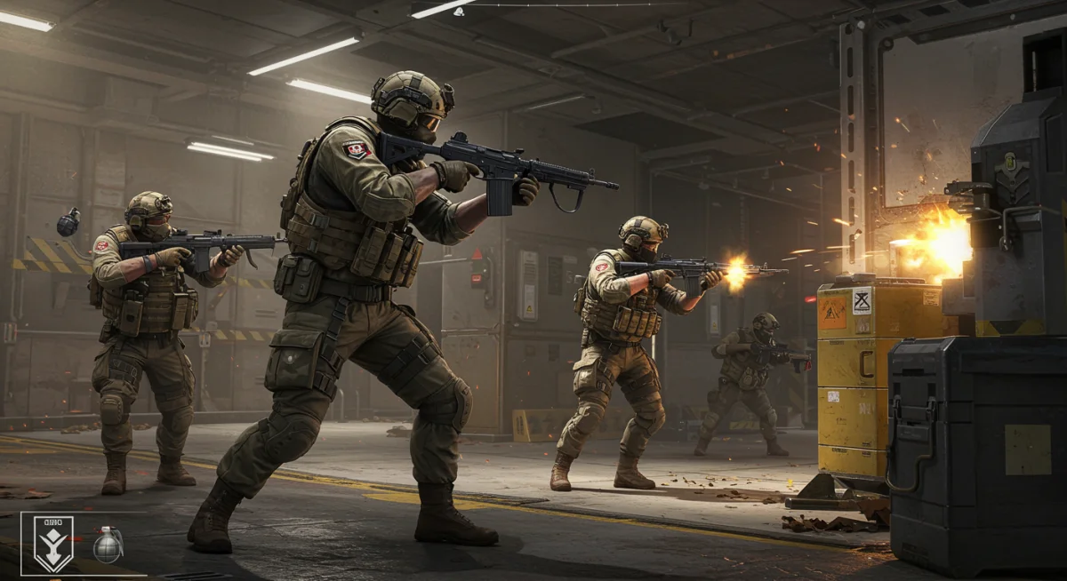 Equipo de Warzone 2025 realizando asalto coordinado con fuego de cobertura y granadas en base militar.