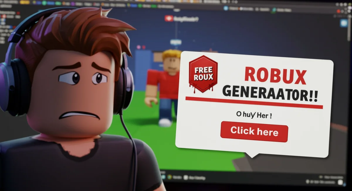 Pantalla de computadora mostrando una estafa de generador de Robux, con un joven gamer escéptico.