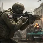 Jugador de Call of Duty en intensa acción, apuntando con un rifle táctico, con gráficos que muestran un KD en aumento.