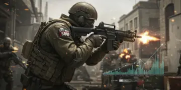 Jugador de Call of Duty en intensa acción, apuntando con un rifle táctico, con gráficos que muestran un KD en aumento.