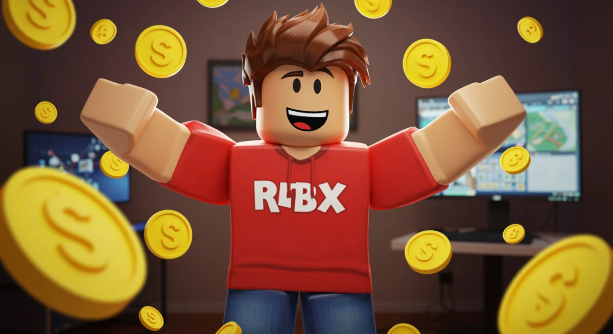 Jugador exitoso de Roblox celebrando sus ganancias de Robux.