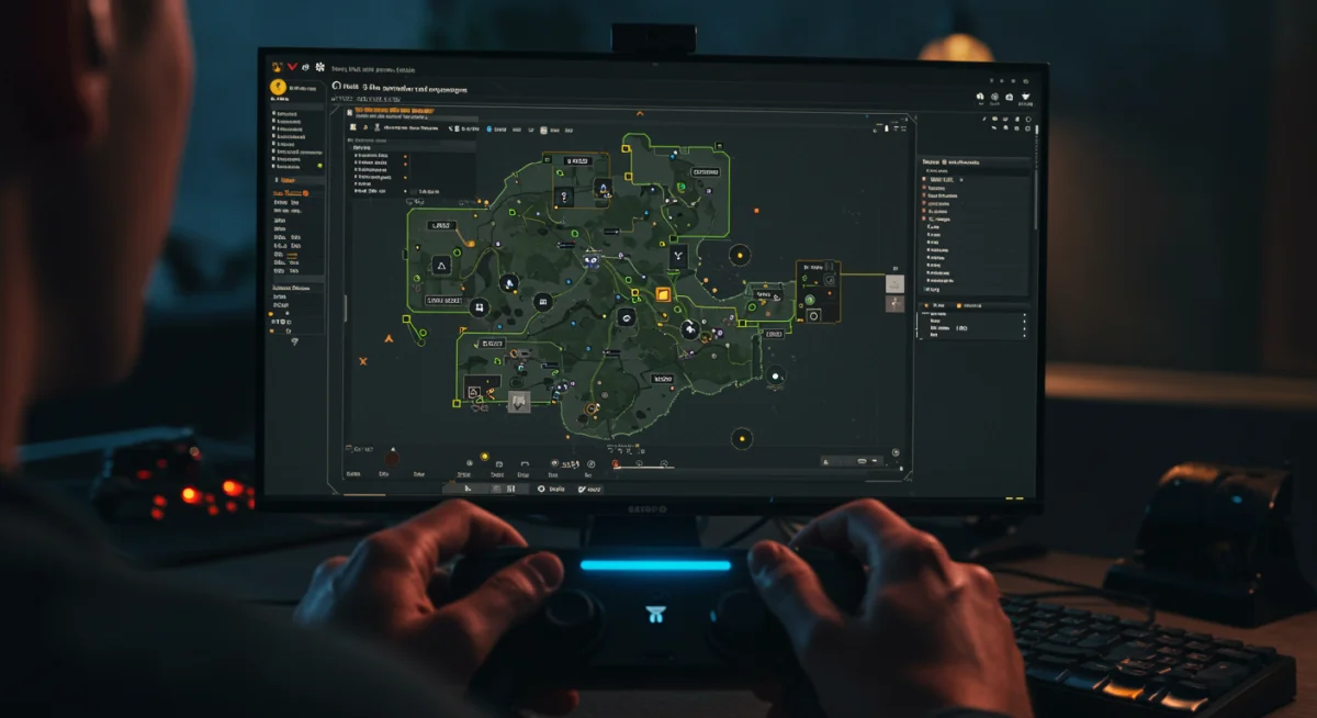 Manos de jugador concentrado en control, visualizando mapa táctico de Warzone para planificar ruta y emboscadas.