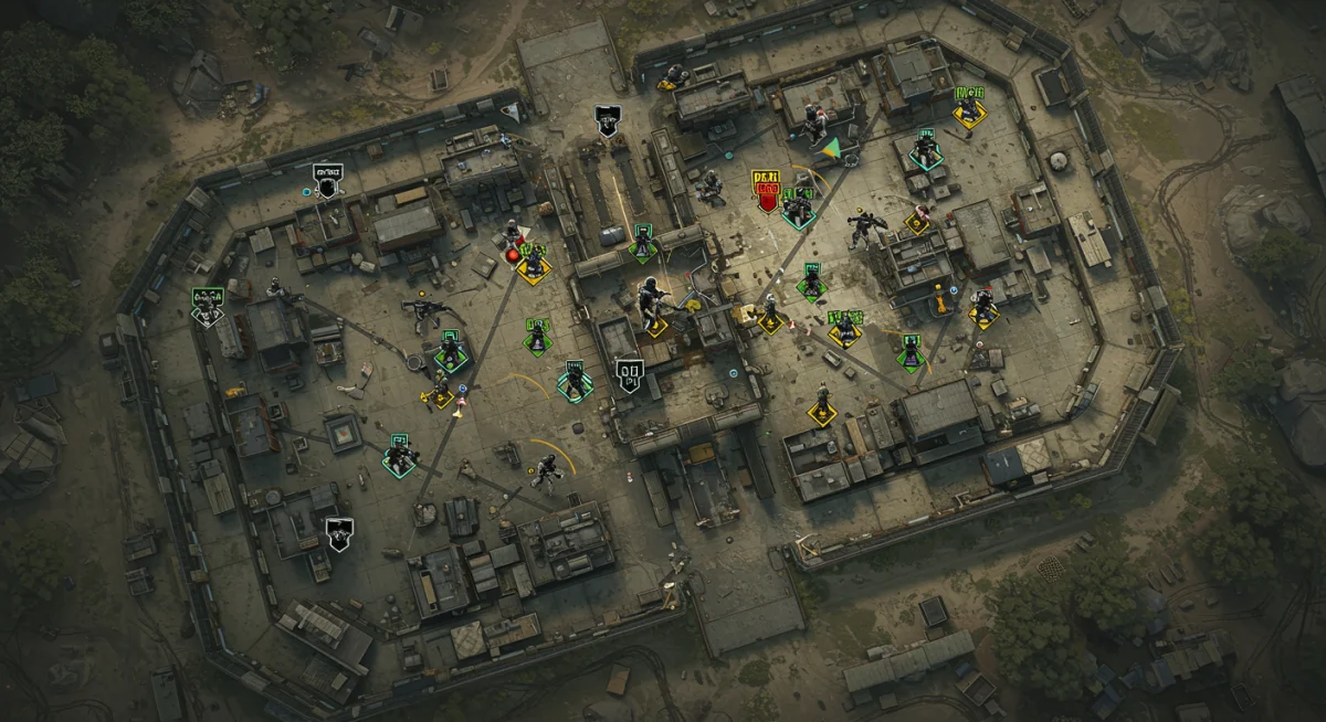 Vista táctica de un mapa multijugador de Call of Duty, con posiciones de jugadores y puntos estratégicos.