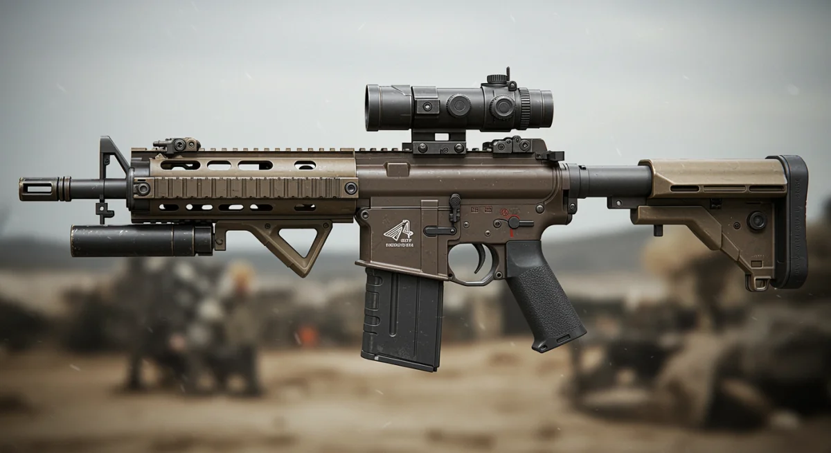 Detalle de rifle de asalto personalizado en Call of Duty, con accesorios optimizados para combate.
