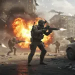 Soldados futuristas en intensa acción de combate en Call of Duty Warzone 2025, con explosiones y efectos de luz.