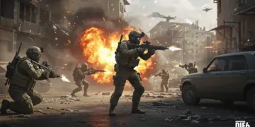 Soldados futuristas en intensa acción de combate en Call of Duty Warzone 2025, con explosiones y efectos de luz.